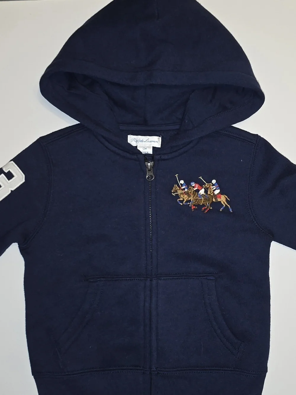 Ralph Lauren Navy Kids Hooded Zip Sweatshirt with Polo Players Size 12m